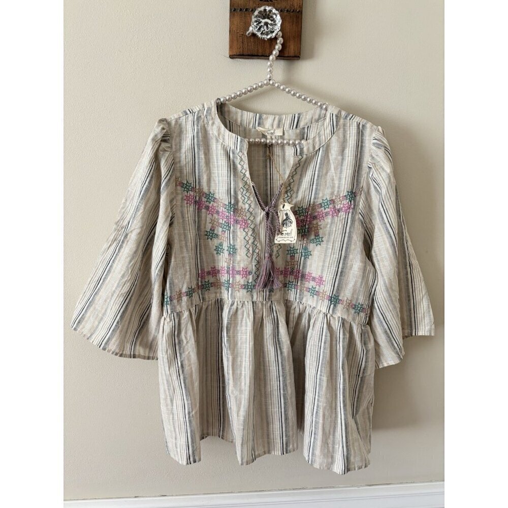 NWT Easel Womens Size Small Cotton Top Striped Embroidered Boho 3/4 Sleeve